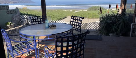 Patio area with views to the mountain at the end of the peninsula