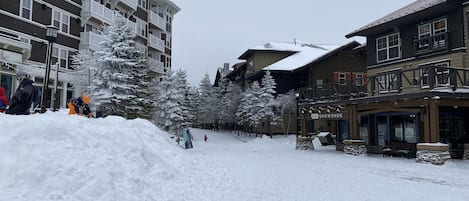 View from Snowshoe Mountain Village central towards Rimfire Lodge entrance