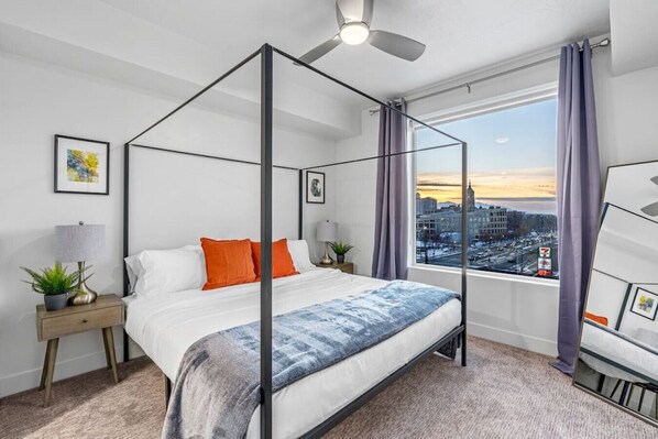 King bedroom with amazing views and room darkening curtains.