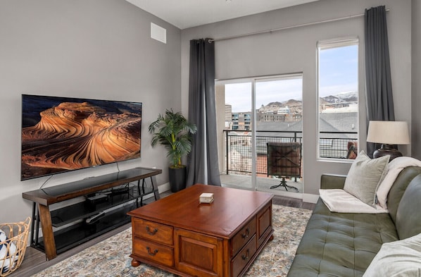 Stylish and spacious living room with flat screen Roku TV