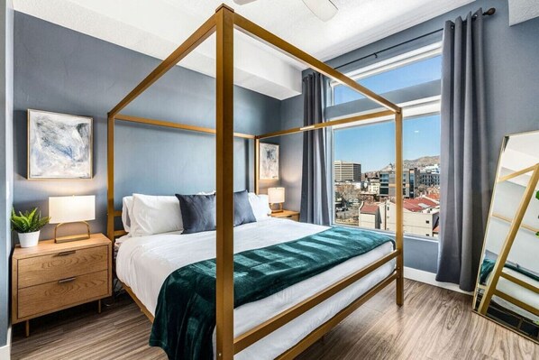 King bedroom with amazing views and room darkening curtains.