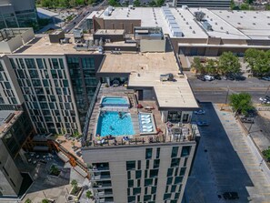 Rooftop pool and spa with stunning 360 views of the city skyline and the iconic mountains of the Wasatch front.