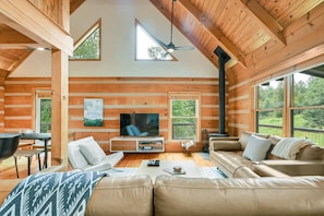 Main level living area with wood burning stove