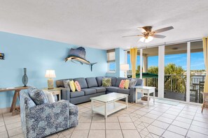 Living Room with Balcony & Large Smart TV