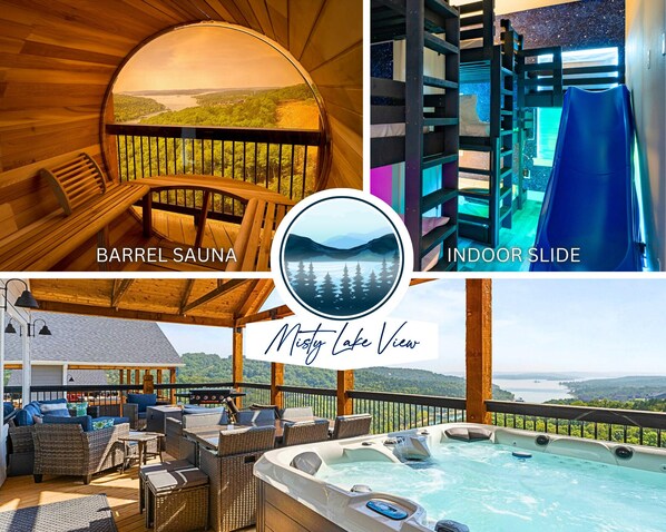 MISTY LAKE VIEW is an 8BR home with BARREL SAUNA, INDOOR SLIDE, HOT TUB, and more and sleeps up to 28 guests.