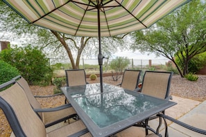 Private Backyard | Patio w/ Dining Area | Golf Course Views