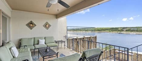 Back Patio With Grill and view of Lake Travis