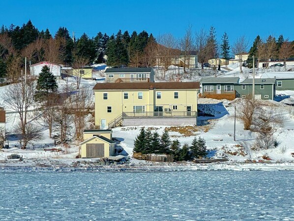 The rear of the house and its backyard on a cold, sunny day in winter