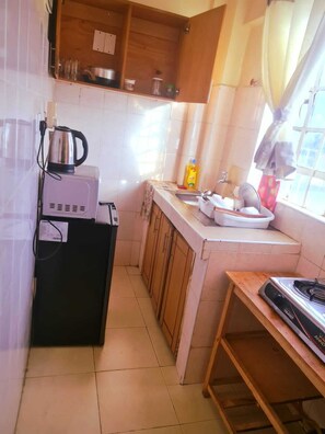 Furnished kitchen, microwave,fridge, kettle