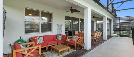 Lanai with furniture for seating and relaxation