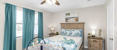 2nd Floor: Master Bedroom (Queen Bed) w/ 2 nightstands w/ Grace Pack n' Play w/ 52" Smart TV, Changing Table Addition