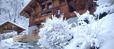 Vue en hiver du chalet, le gite se trouve en rez- de jardin