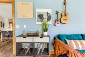 Listen to records, play instruments and unwind in the stunning sun/music room