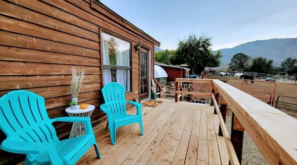 private porch overlooking the pasture with horses, goats, donkey and a pet cow.