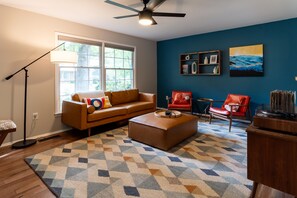 Colorful mid-century-styled living room.