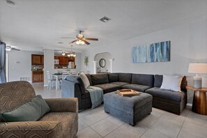 Open living space with comfortable living room and kitchen space