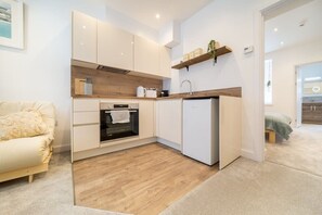 Kitchen area with cooker, hob & fridge