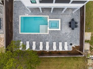 Aerial view of the backyard amenities.