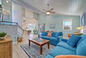High-ceiling and spacious living room.