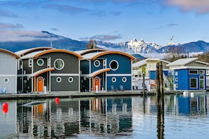 The Creek Marina, with the "two lions" north shore mountains in the background. Our float home is pictured, just to the right of centre.