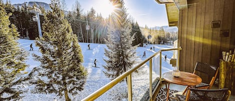 A spectacular shot of the action from our patio. True ski in, ski out! 
Welcome to The Spirit Bear at the Aspens, on Whistler Blackcomb.