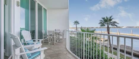 Spacious balcony overlooking the bay.