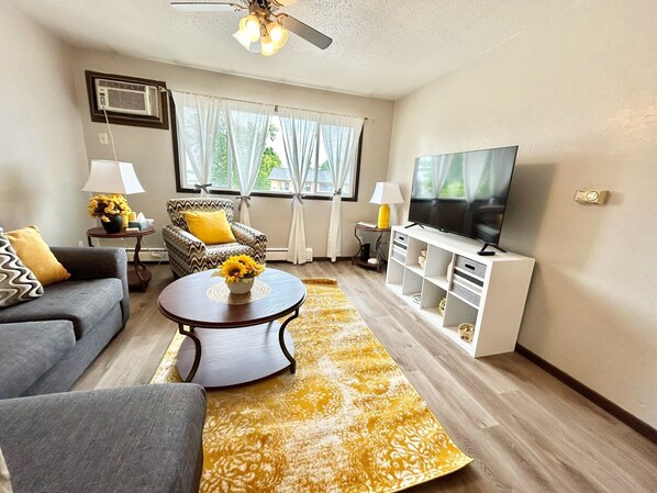 Living room with all new flooring and area rug.
