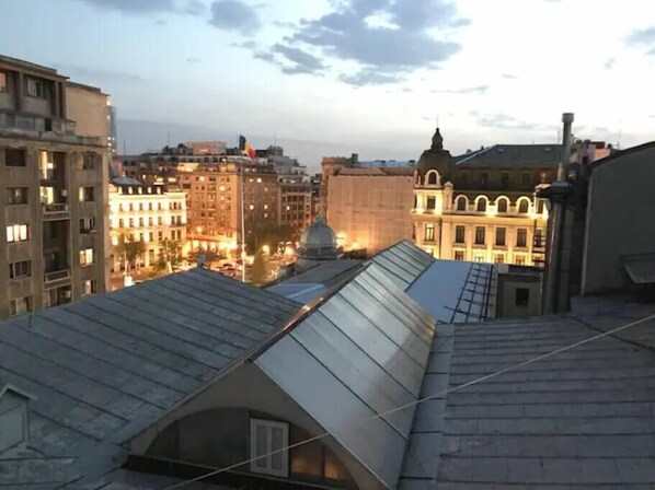 Amazing view from the bedroom over some of Bucharest’s most iconic buildings.