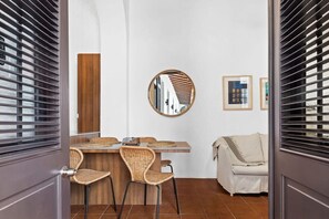 The living areas open up to an inviting outdoor terrace.  Inside view from the outdoor terrace.