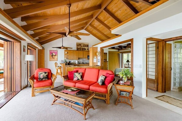 Living room with directv and ocean view