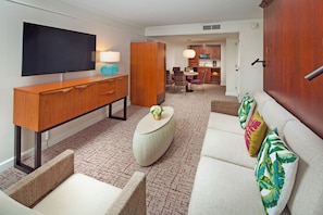 Spacious unit features a sleeper sofa in the living area.