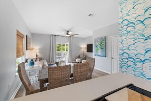 looking out to living/dining room from kitchen - very open space