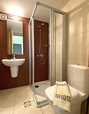 Full bathroom with shower located on the ground floor of the villa.