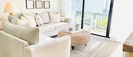 Ocean views from entire living room, dining area, and kitchen