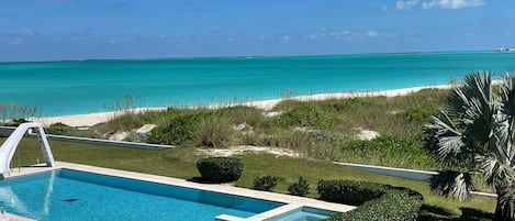 Pool, sea and beach view