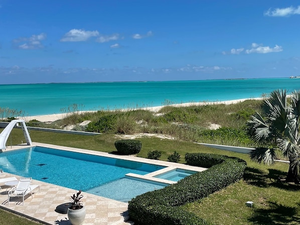 Pool, sea and beach view