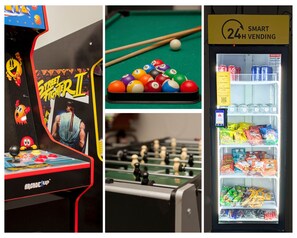 Game room with arcades, pool table, foosball, vending machine, ping pong, poker table and darts board
