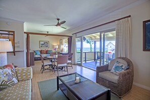 The large private lanai is perfect for letting in tons of natural light, although there are heavy curtains if you're not the type to rise with the sun!
