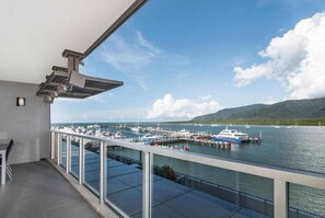 The outdoor dining area overlooks the Marina and waterfront- an idyllic spot to enjoy an alfresco meal.
