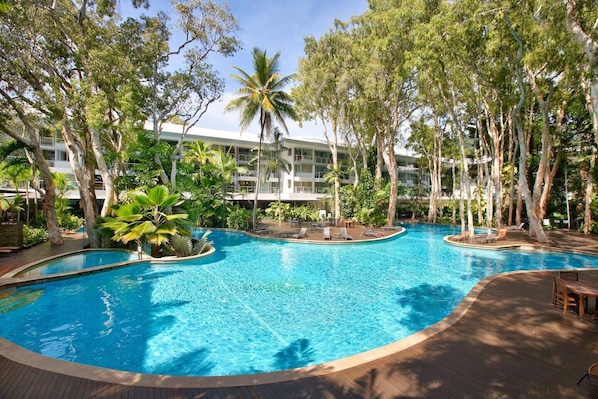 Unwind in the large lagoon pool and spa. The space is decked with sun lounges to relax and soak up some rays.