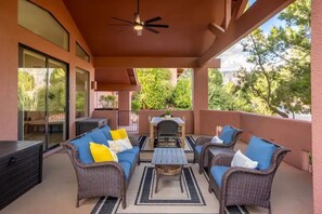 HUGE 20x30 feet EAST-FACING Covered Private Patio with 3 seating areas & VIEWS!