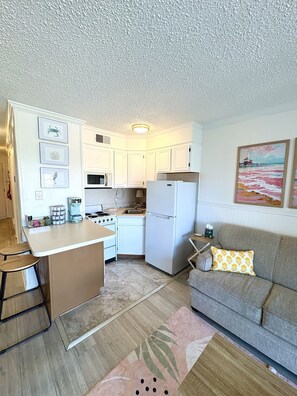 Recently updated kitchen with seating for 2 at the breakfast bar. This unit has an Ocean View