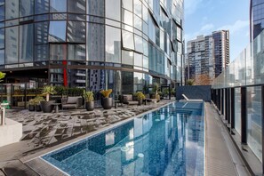 The building's pool is a great space for doing laps or just cooling off and enjoying the view from the water. 