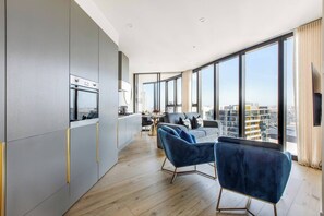 An open concept is perfect for entertaining while soaking up uninterrupted skyline views.