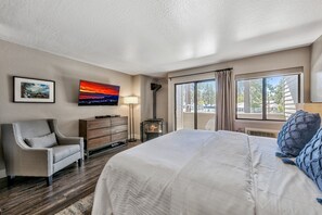 With a gas fireplace and 45 inch TV it might be hard to find reasons to get out of the king bed