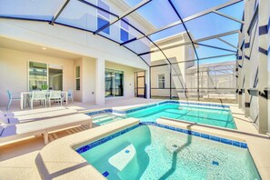 Private swimming pool and spill-over jacuzzi hot tub.