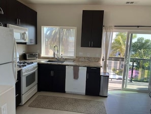 Kitchen with ocean views from the deck