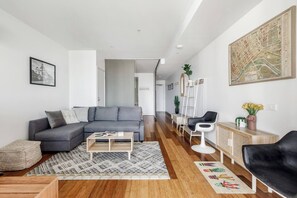 This spacious living room provides plenty of room to move around.
