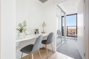 A dedicated study nook caters to those travelling on business with plenty of room to set up your laptop.