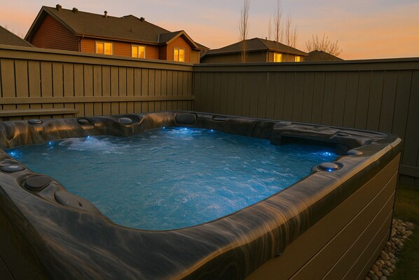 Glowing hot tub retreat under a warm sunset—pure relaxation awaits.